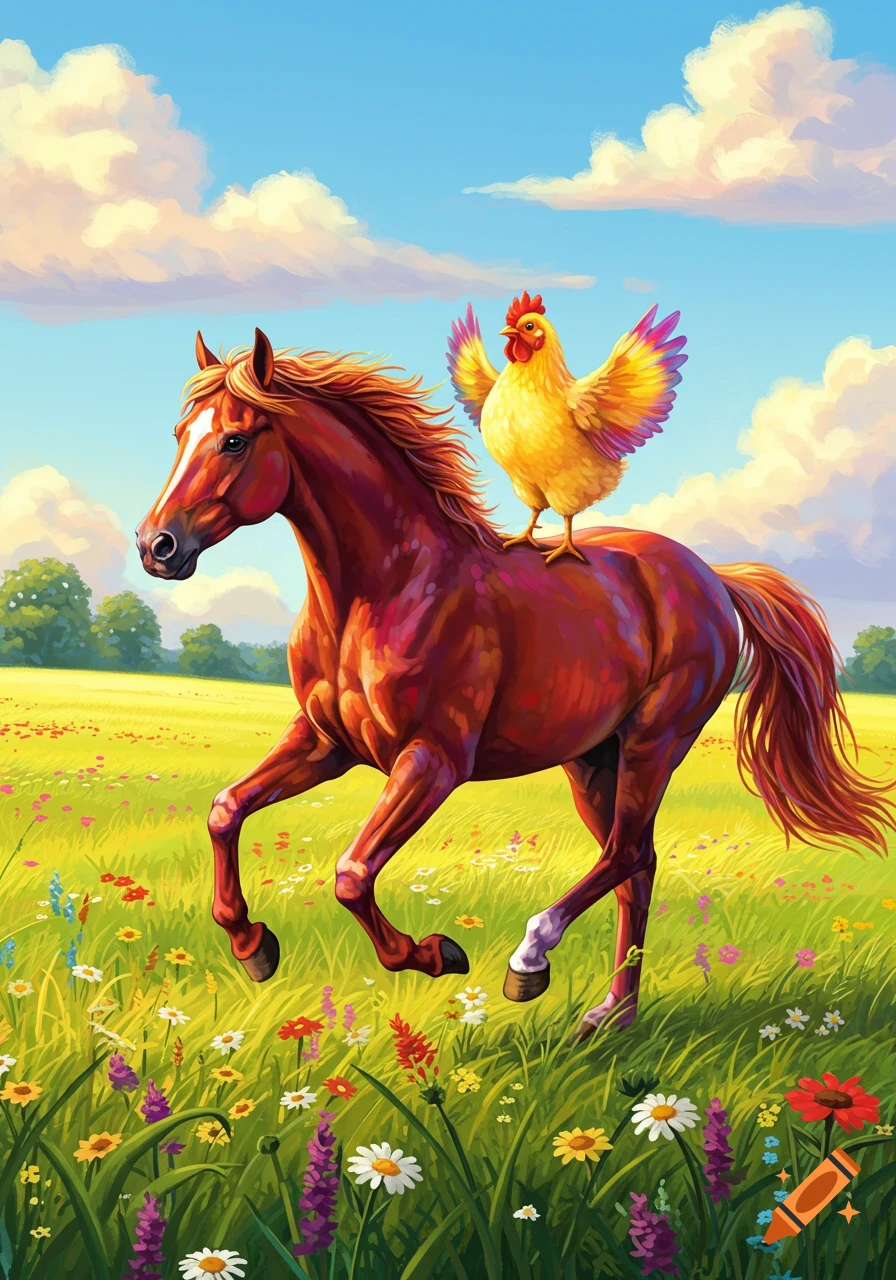 A vibrant illustration of a brown horse with a yellow chicken on its back, trotting through a sunny green meadow filled with wildflowers.