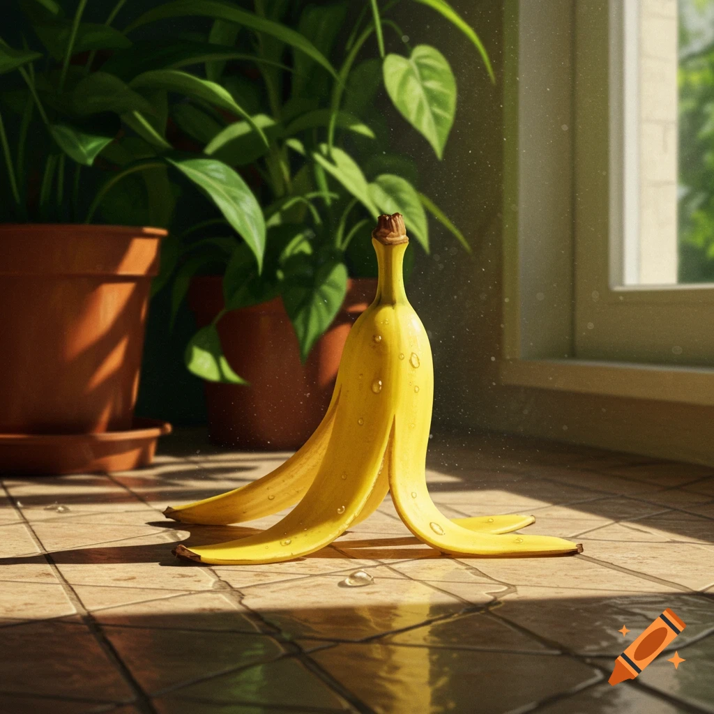 A banana peel stands upright on a tiled floor, covered in water droplets and bathed in sunlight from a nearby window. Potted plants are in the background.