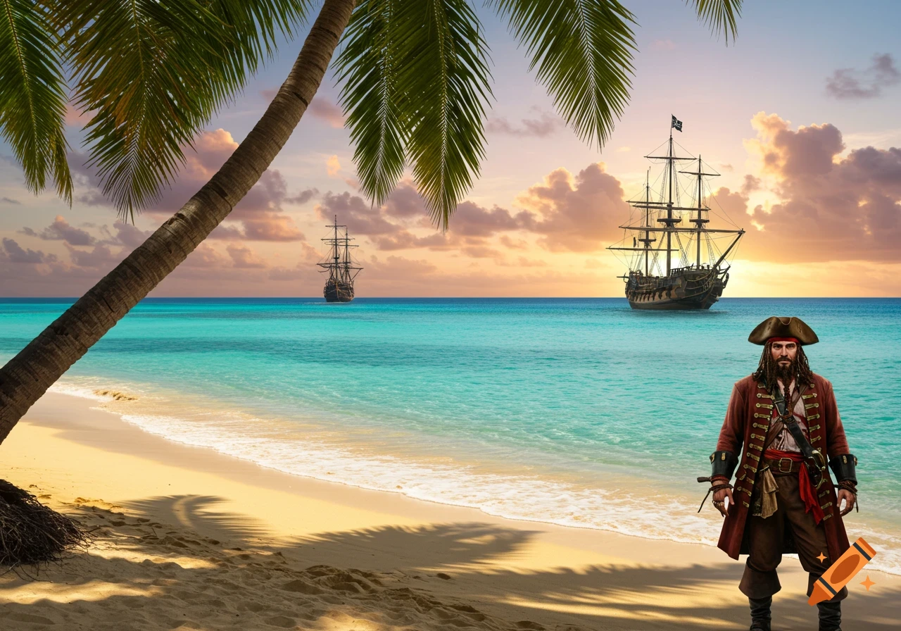 Captain Black Beard stands on a tropical beach at sunset, with two pirate ships on the turquoise ocean and a palm tree.