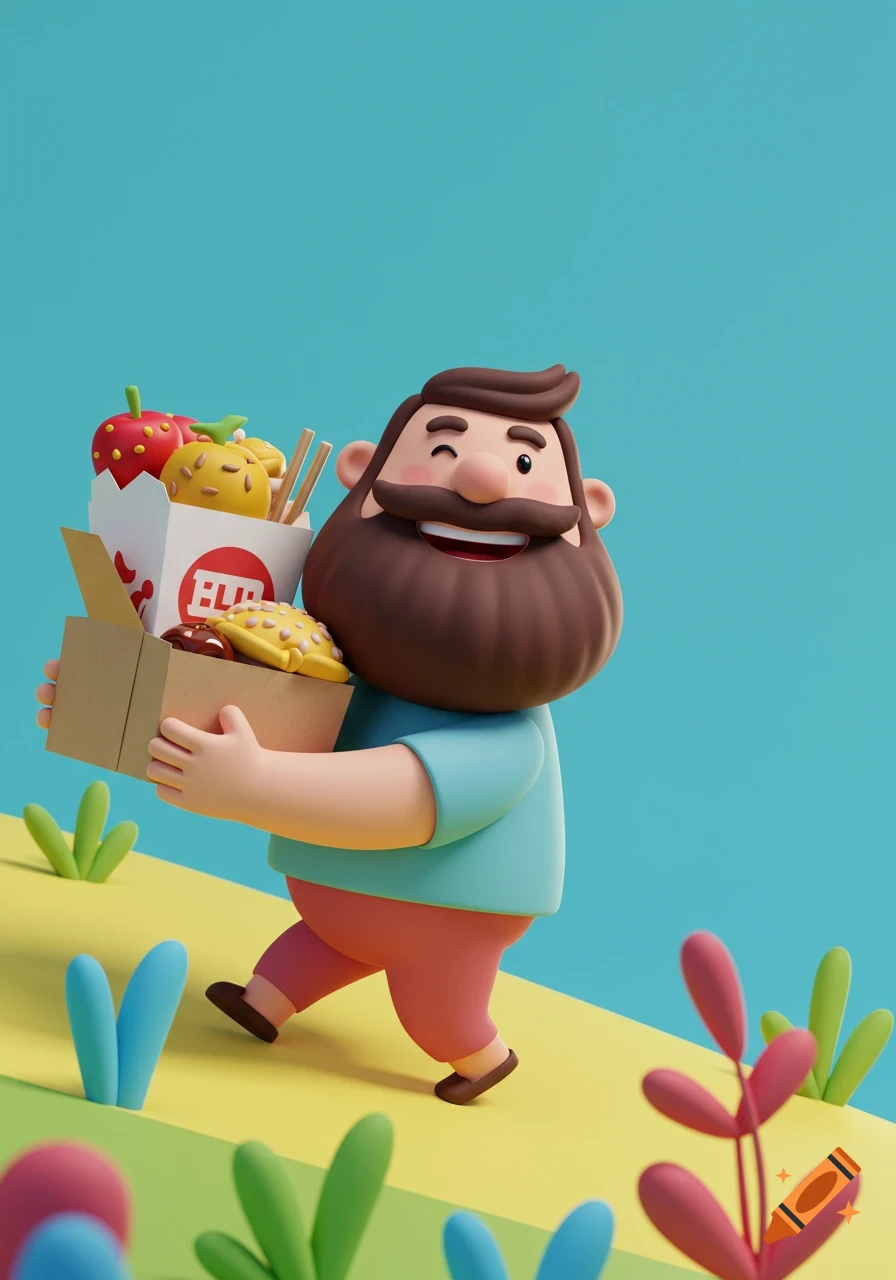 A happy 3D animated man with a big beard carries boxes of food, walking on a colorful landscape under a blue sky.