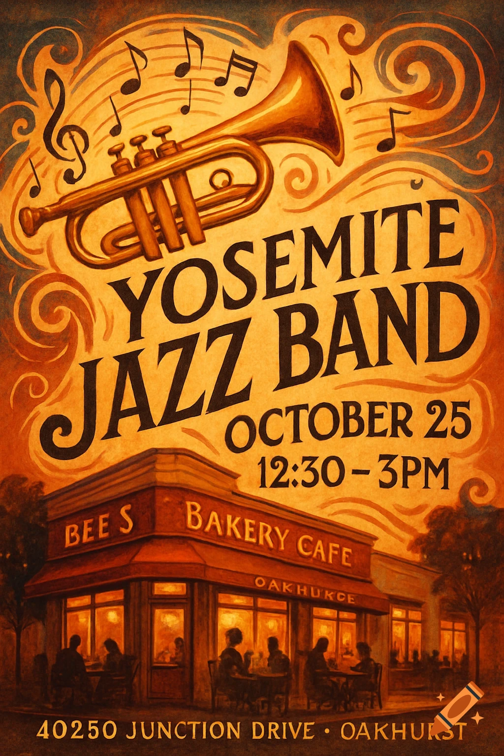 A vintage-style event flyer with a golden trumpet and musical notes at the top, advertising the "YOSEMITE JAZZ BAND" performing on "OCTOBER 25, 12:30 - 3PM" at "BEE S BAKERY CAFE" located at "40250 JUNCTION DRIVE OAKHURST". The cafe is depicted with warm lights and silhouettes of people inside, set against an orange sky.