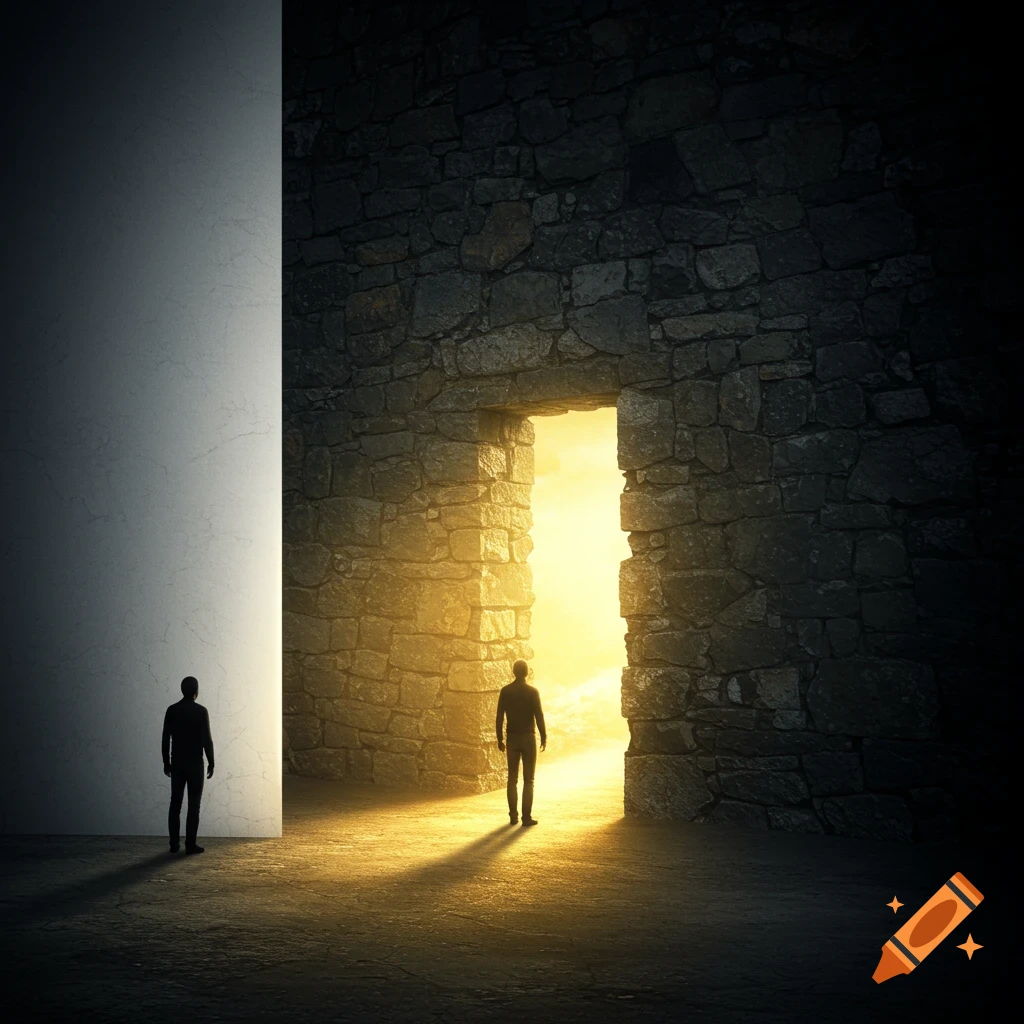 Two silhouettes stand in a shadowy room, one facing a bright golden doorway in a stone wall, the other facing a blank white wall.