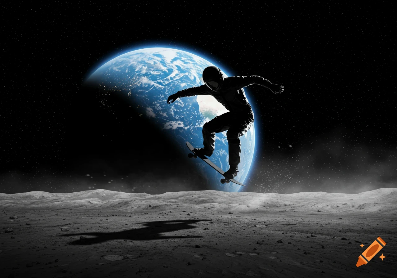 A silhouetted skateboarder jumps on the moon's surface with Earth visible in the dark background.