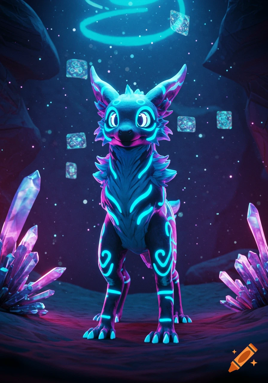 A neon blue and pink glowing fantasy creature, a Rexouium, stands among large crystals in a dark, starry, alien cave.