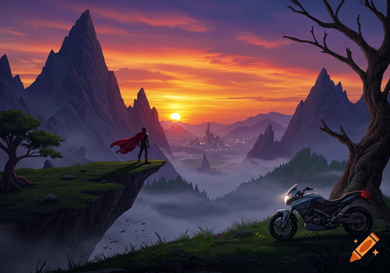 A caped figure on a cliff overlooks a misty futuristic city and mountains at sunset, with a motorcycle in the foreground, digital art.