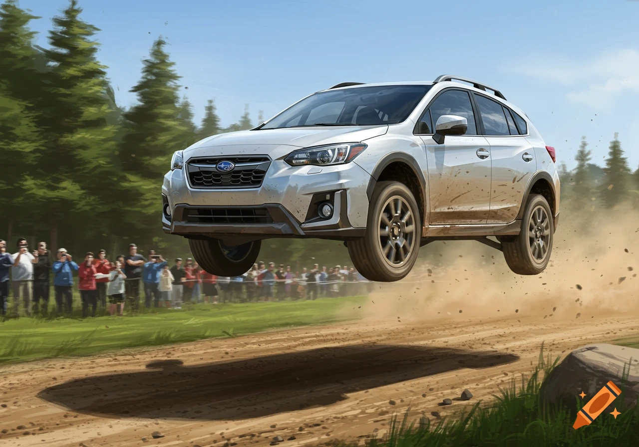 A silver Subaru Crosstrek SUV jumps over a dirt track during a rally race, with spectators and pine trees in the background.