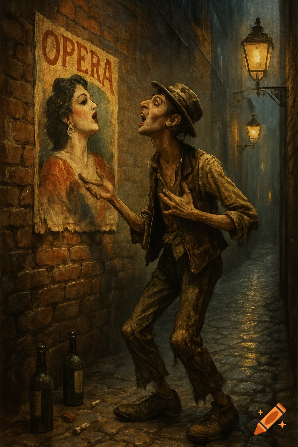 A scruffy man dramatically sings to an opera poster on a brick wall in a dark, rain-slicked alley lit by gas lamps, painterly style.