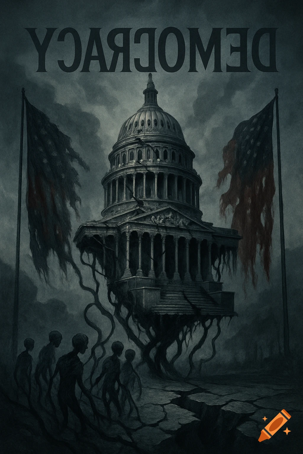A dark, surreal image of a crumbling Capitol building floating above cracked earth with twisted roots, flanked by tattered flags, as shadowy figures approach. Text reads "YCAЯƆOMED" upside down.