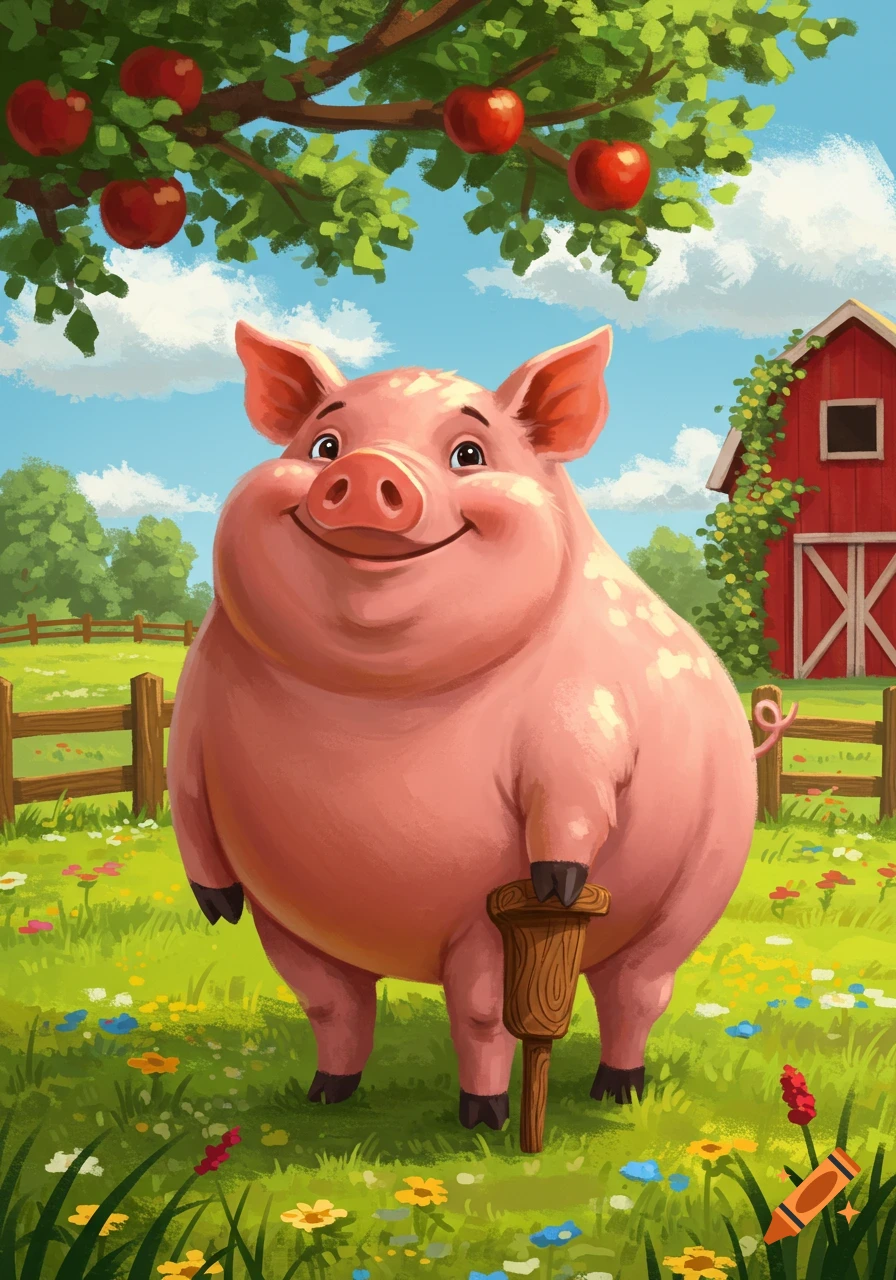 A cheerful cartoon pig with a wooden peg leg stands in a vibrant green field with an apple tree and a red barn.