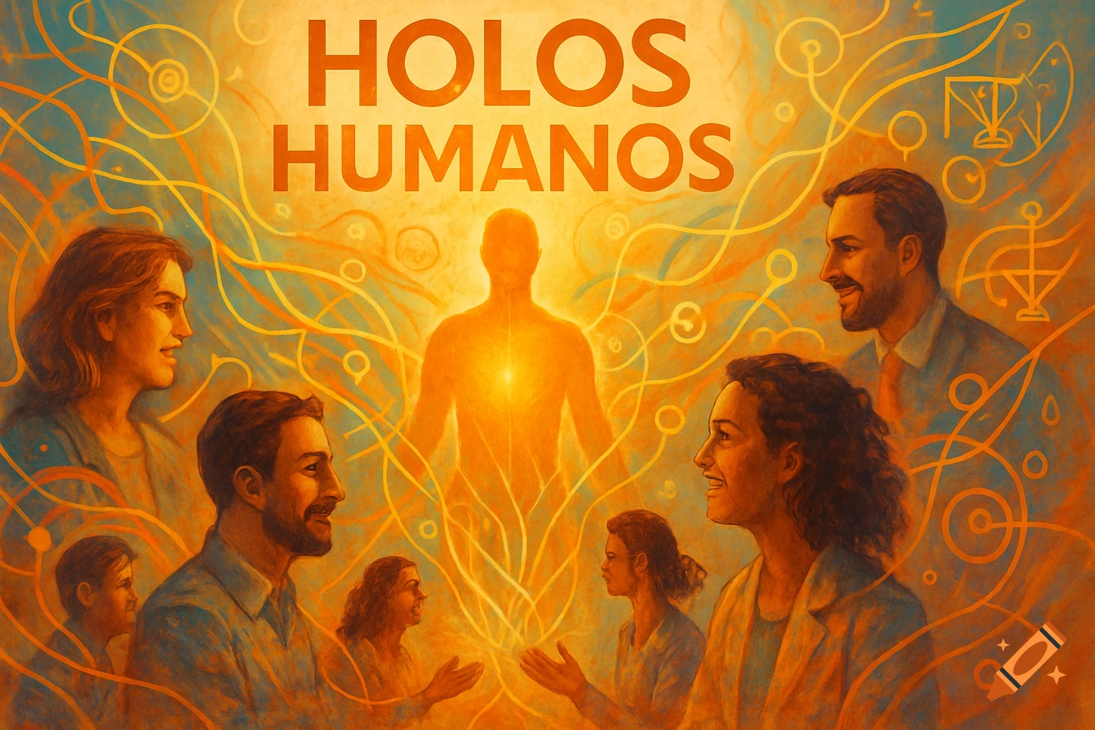 Digital painting of glowing human figures connected by orange lines, with 'HOLOS HUMANOS' text at the top.