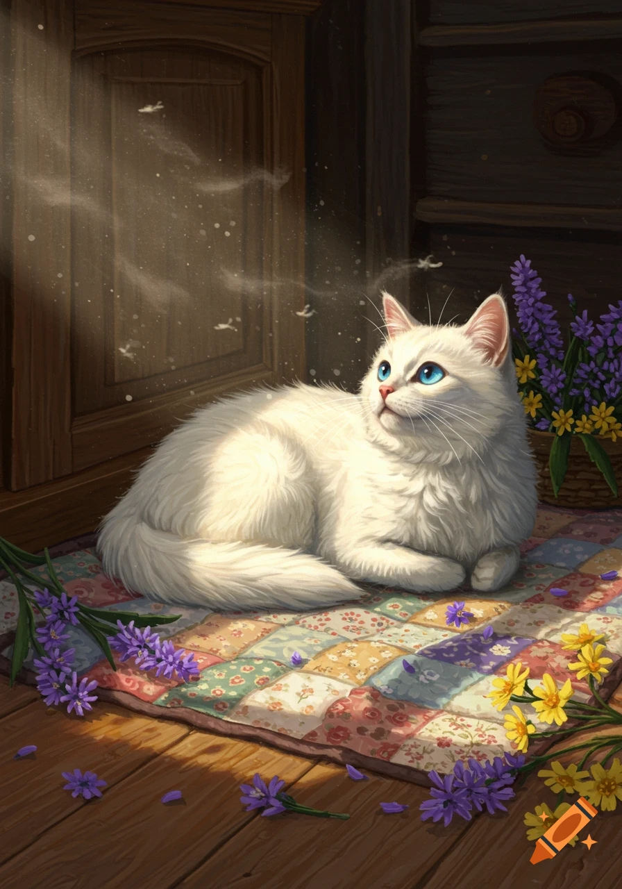 A fluffy white cat with bright blue eyes lies on a colorful patchwork quilt, surrounded by lavender and yellow flowers in sunbeams.
