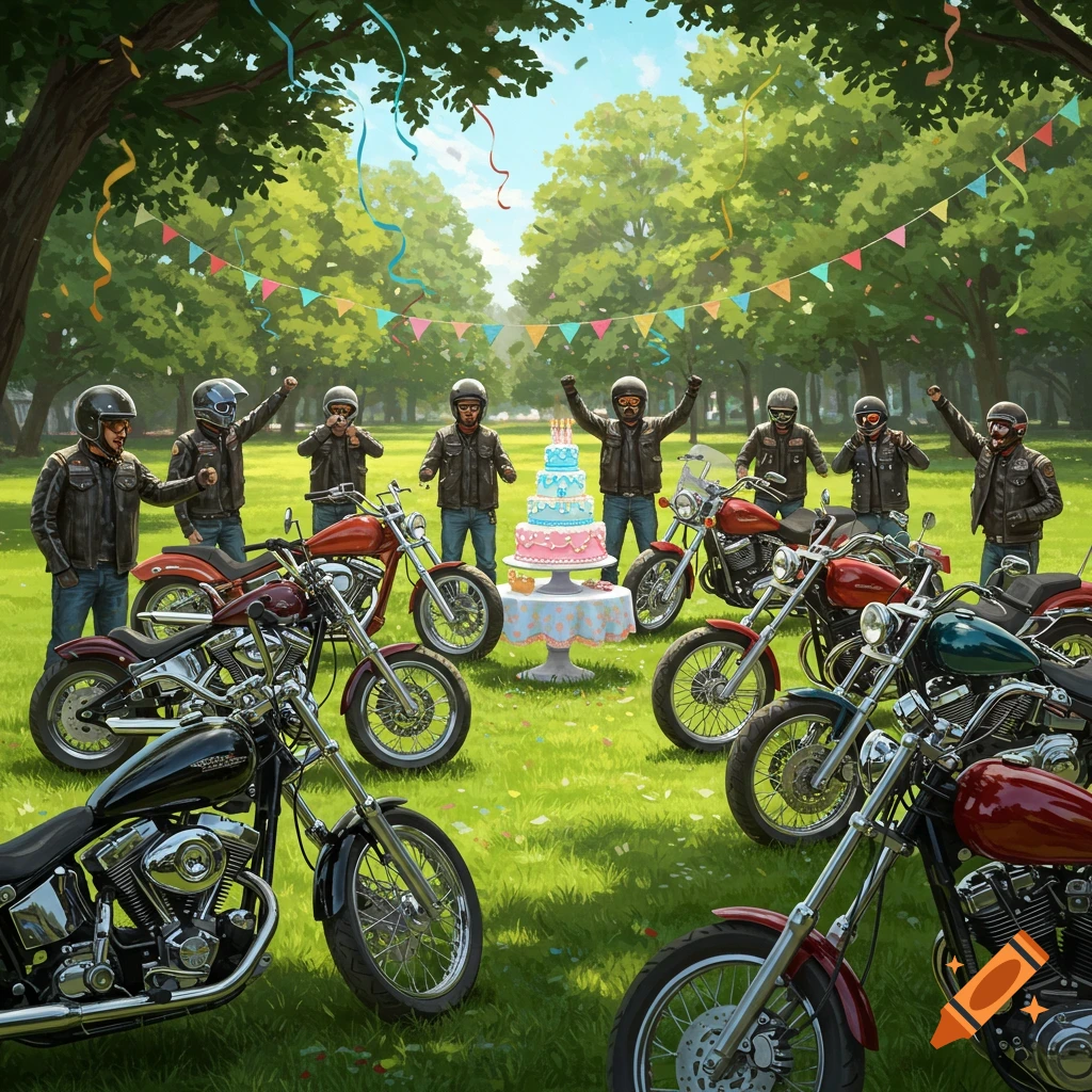 A group of bikers celebrates with a large cake and motorcycles in a sunny park with streamers. Illustrated.