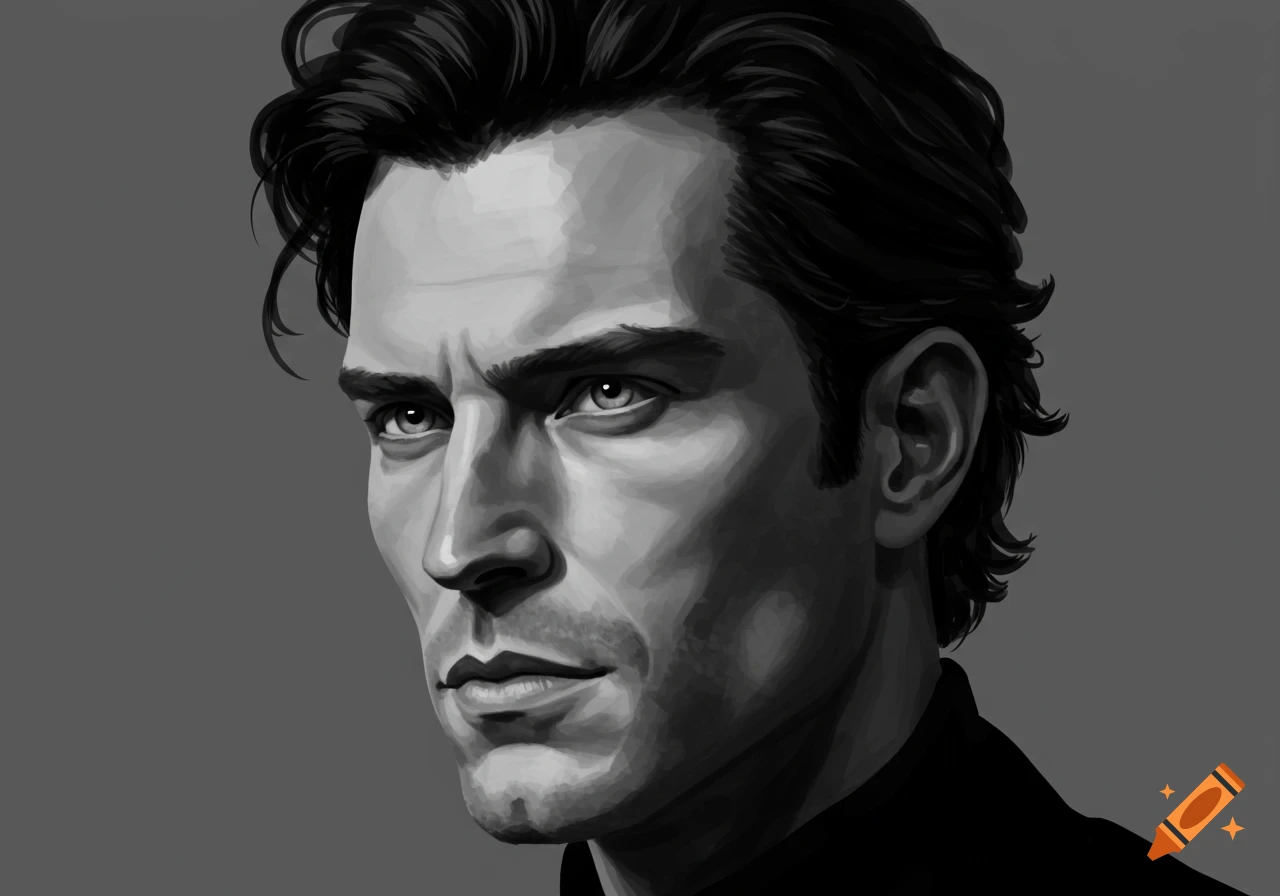 A close-up, black and white digital painting of a man's face with intense eyes and angular features, looking left.