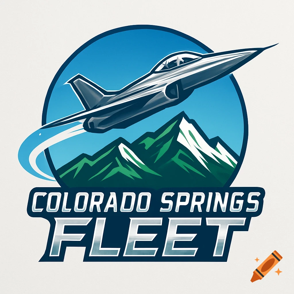 A stylized sports logo featuring a gray fighter jet flying over green and white mountains, with "Colorado Springs Fleet" text below.