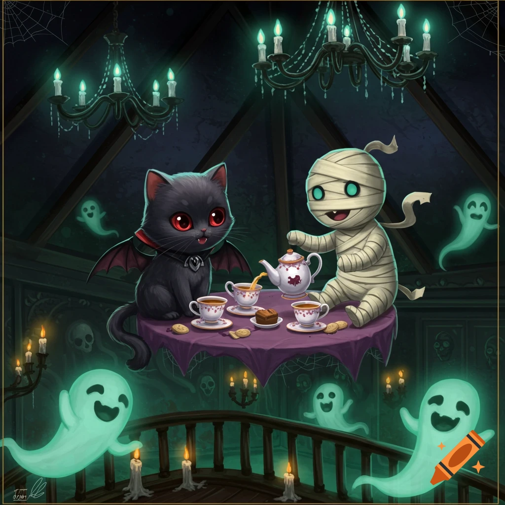 A cute vampire cat and a mummy have a tea party on a floating table in a haunted house, surrounded by green ghosts and chandeliers.