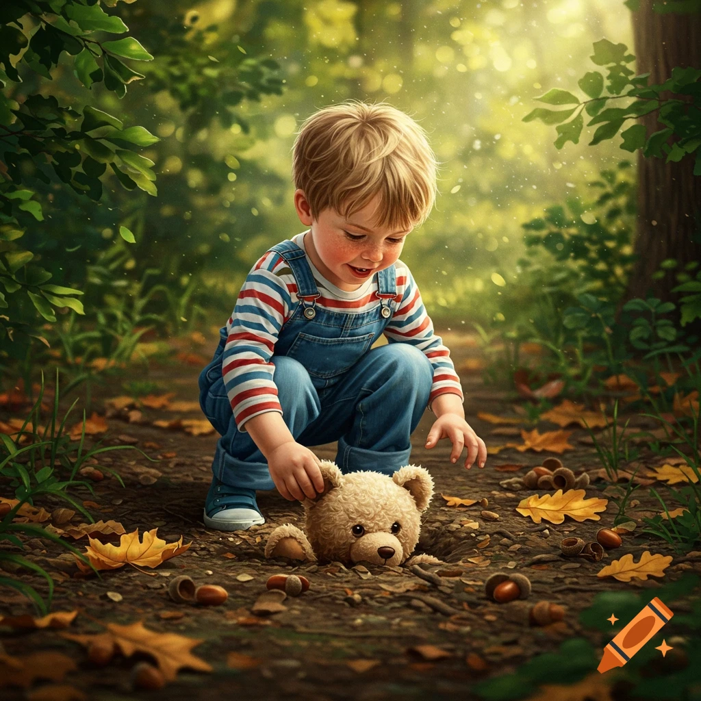 A smiling young boy in overalls crouches in a sunlit forest, gently pulling a teddy bear from the earthy ground with scattered autumn leaves.