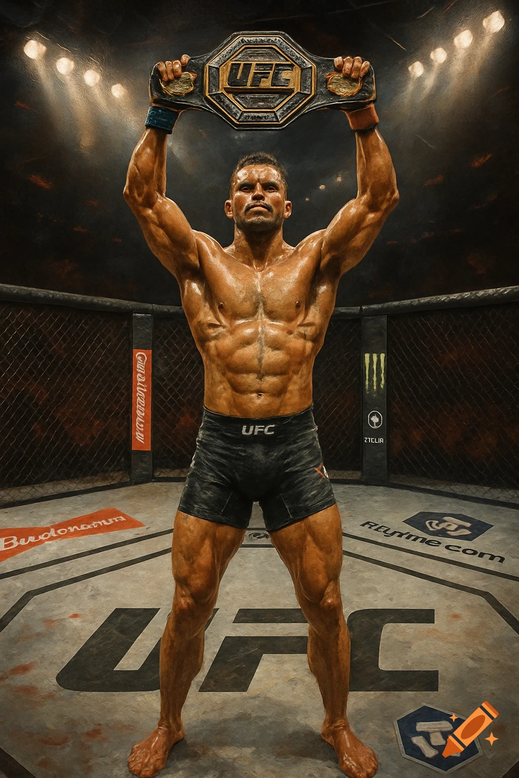 A muscular MMA fighter stands shirtless in an octagon, raising a UFC championship belt above his head in victory. The image is photorealistic.