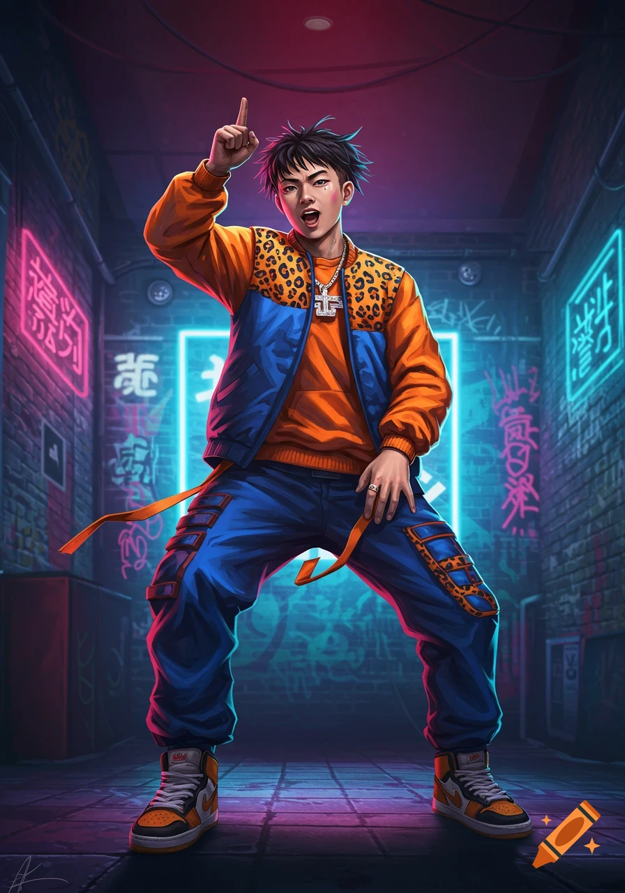 An anime-style young man in a leopard print and blue jacket, orange hoodie, and blue cargo pants, points upwards in a neon-lit urban alley.