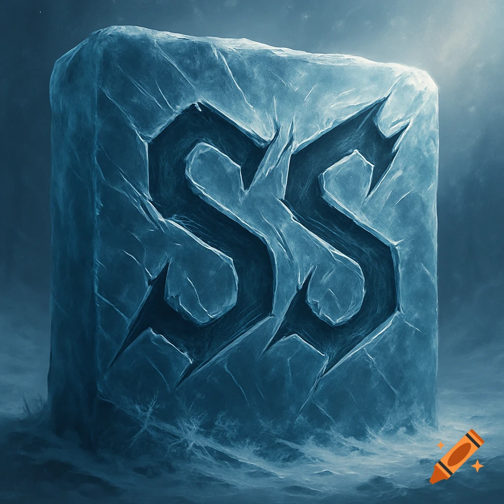 Two stylized, angular 'SS' letters carved deeply into a large block of textured blue ice, set in a frosty environment.