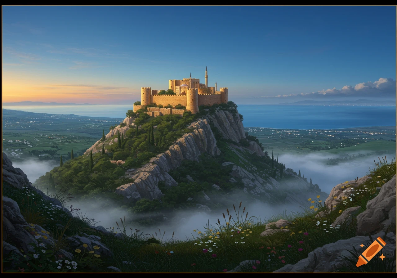 A majestic golden castle sits on a rocky, green mountain overlooking a misty valley and a vast blue sea at sunrise.