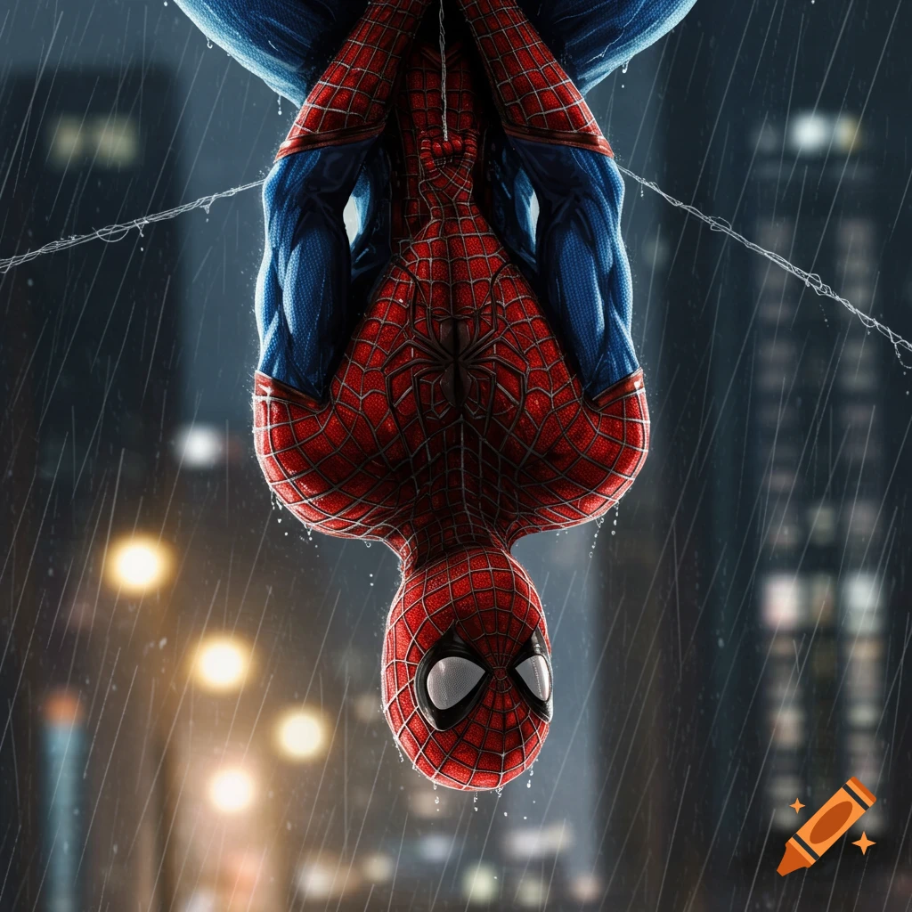 Spider-Man hangs upside down by webs in the rain, with city lights blurred in the background, digital art.