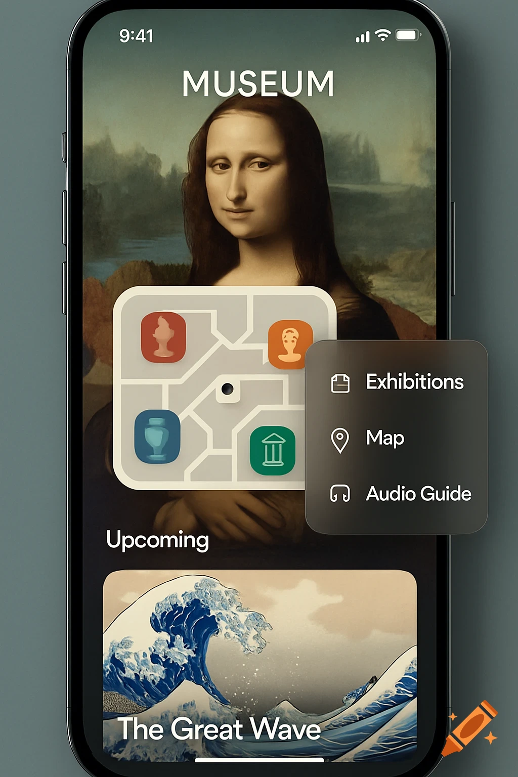 A smartphone displaying a museum app with the Mona Lisa, Hokusai's Great Wave, and menu options for Exhibitions, Map, and Audio Guide.