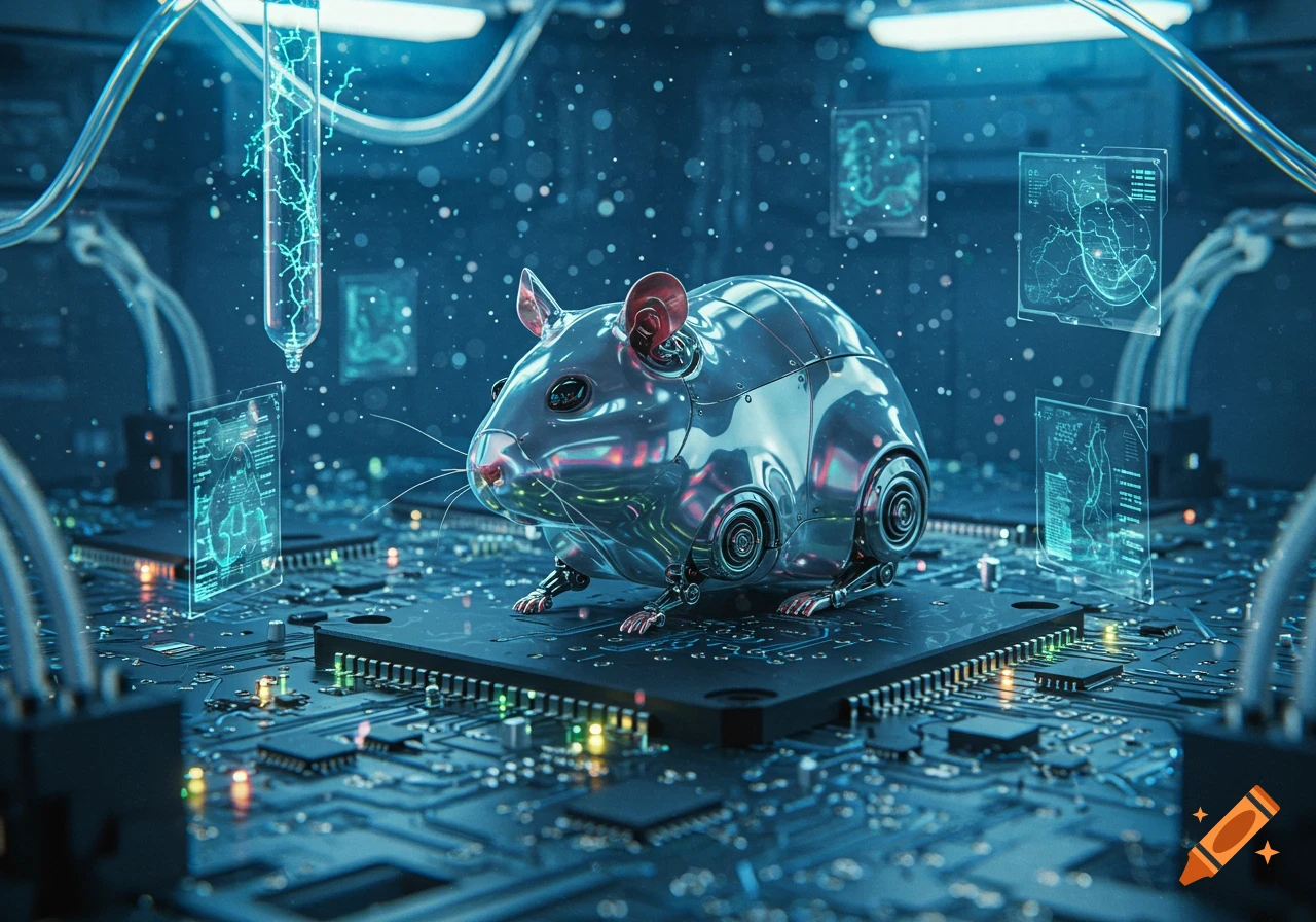 A shiny metallic robot hamster stands on a glowing circuit board amidst holographic displays and electrical conduits in a futuristic setting.
