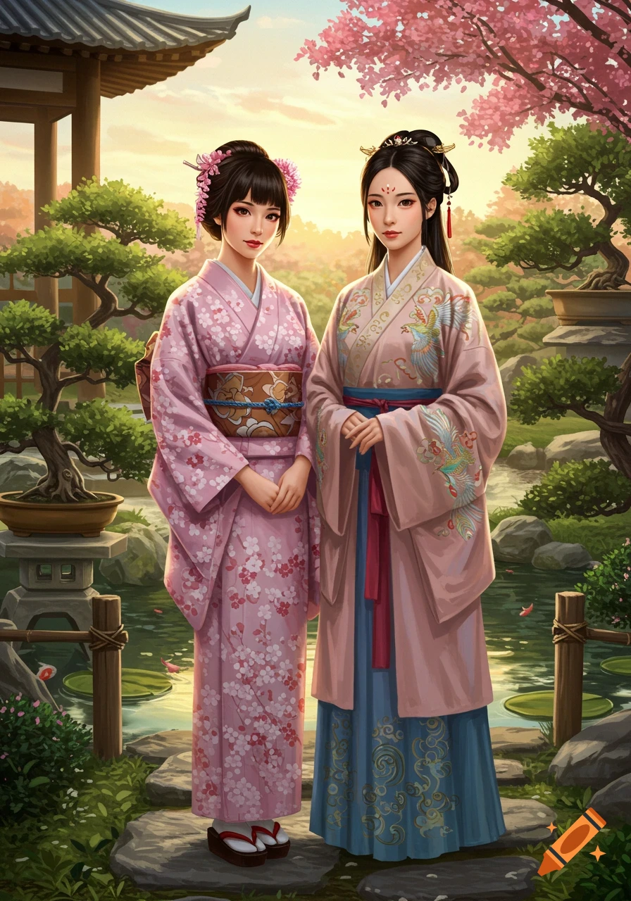 Two young women, one in a pink kimono and another in a light pink hanfu, stand in a serene East Asian garden with cherry blossoms.