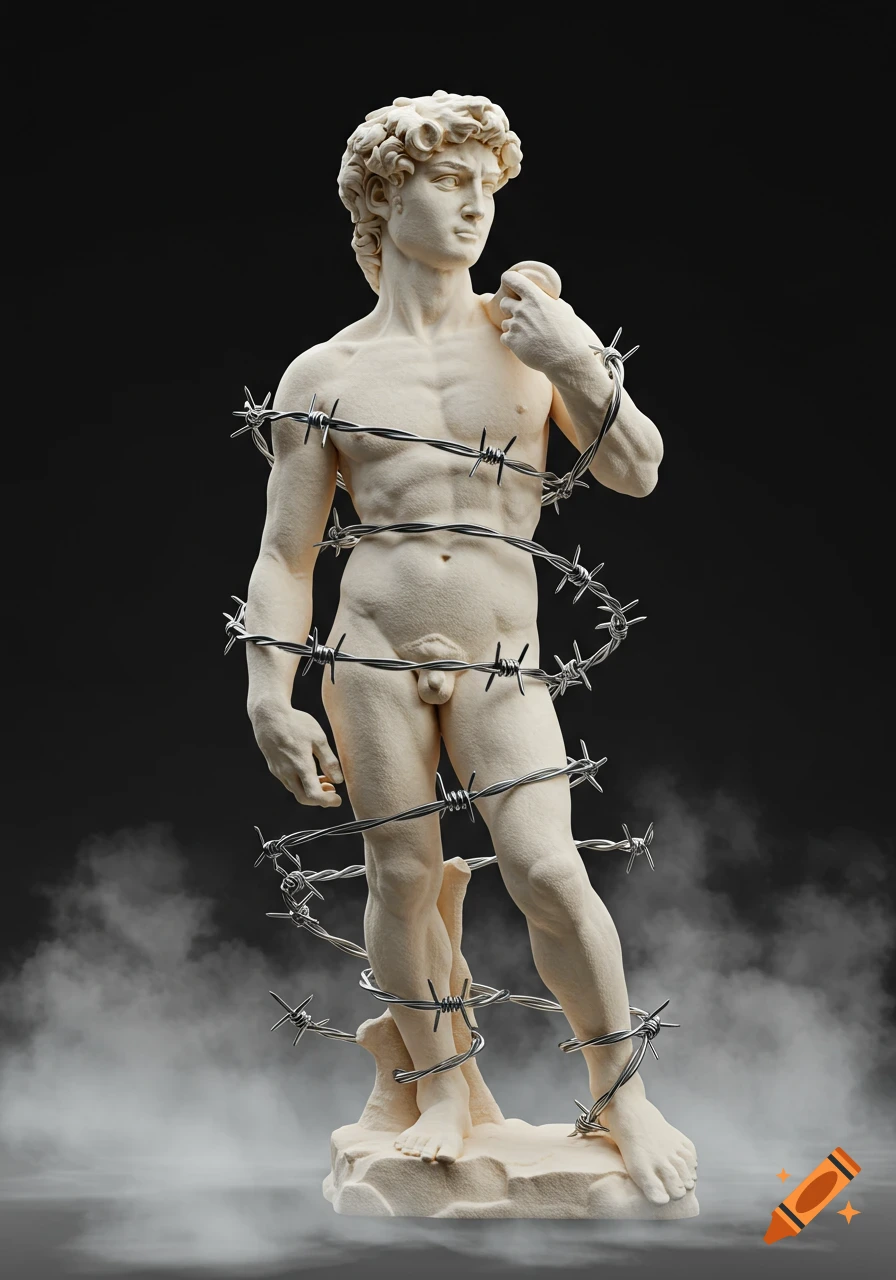 A marshmallow-textured statue of Michelangelo's David wrapped in barbed wire, standing in mist against a dark background.