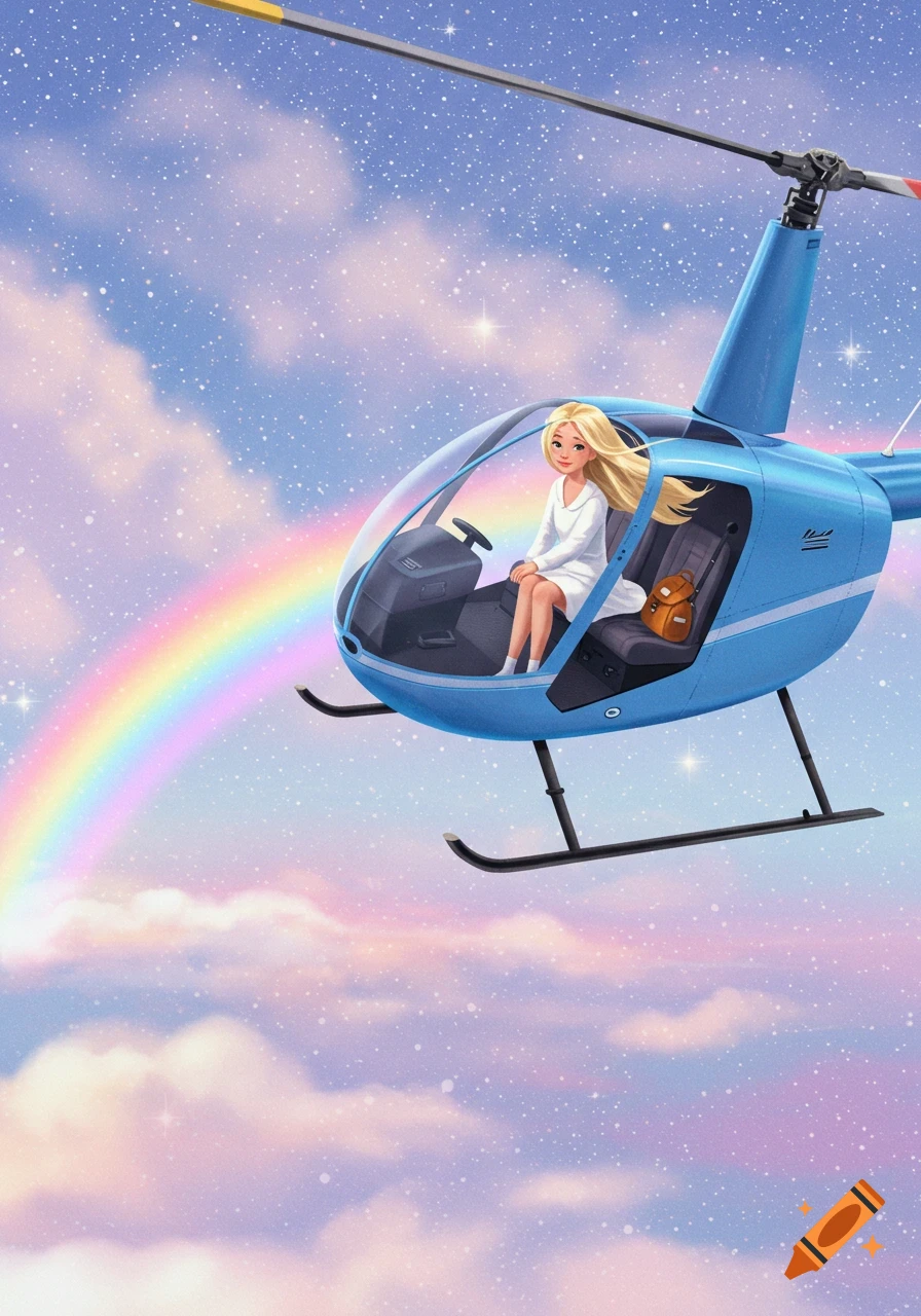 A blonde woman in a baby blue helicopter flies through a pastel, starry sky with a rainbow, in Pixar style.