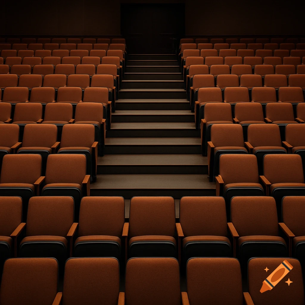 An empty auditorium with rows of orange seats on either side of a central staircase leading upwards, rendered in a photorealistic style with dim lighting.