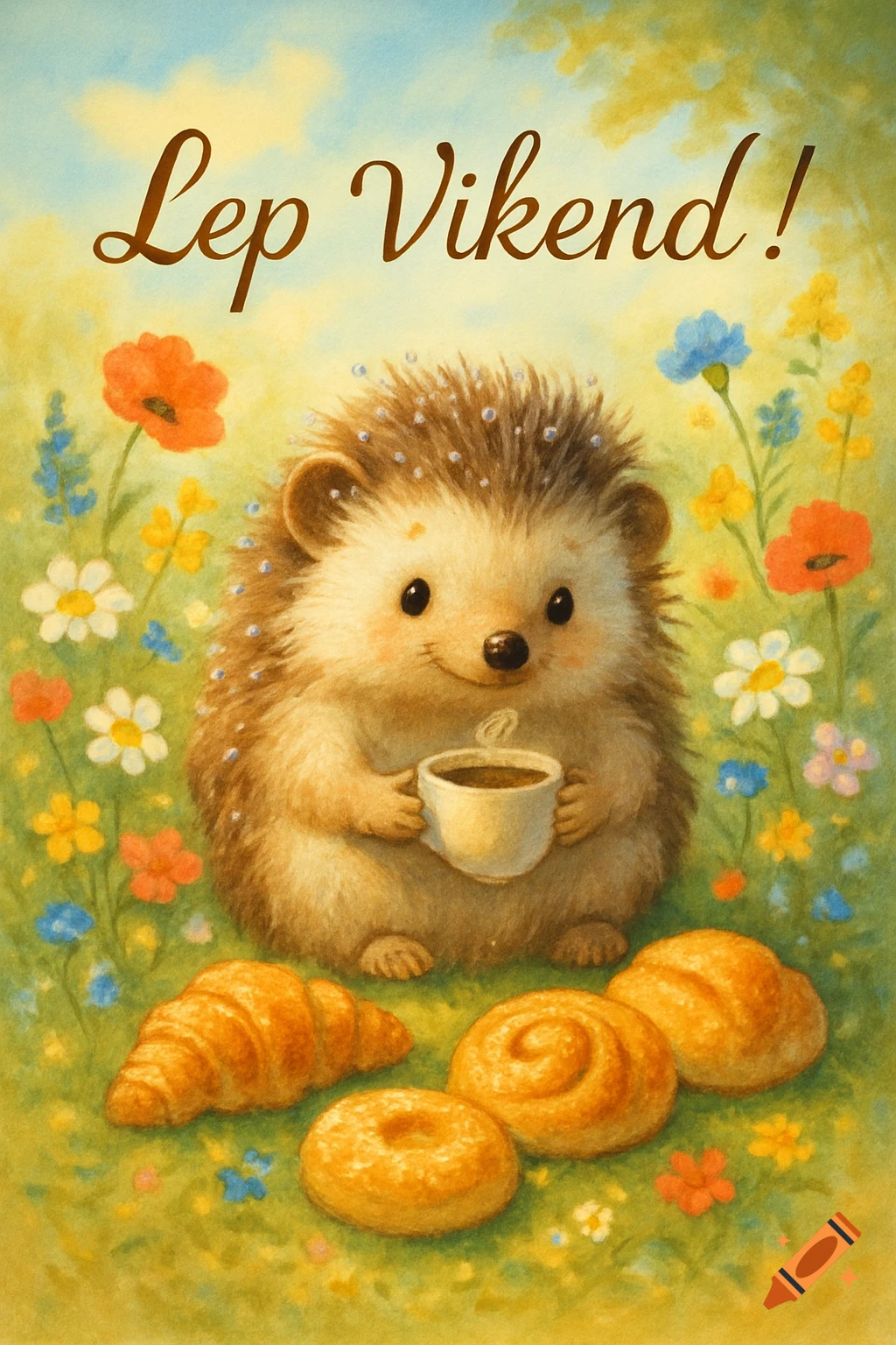 Watercolor painting of a cute hedgehog holding a coffee cup, surrounded by flowers and pastries, with 'Lep Vikend!' text.