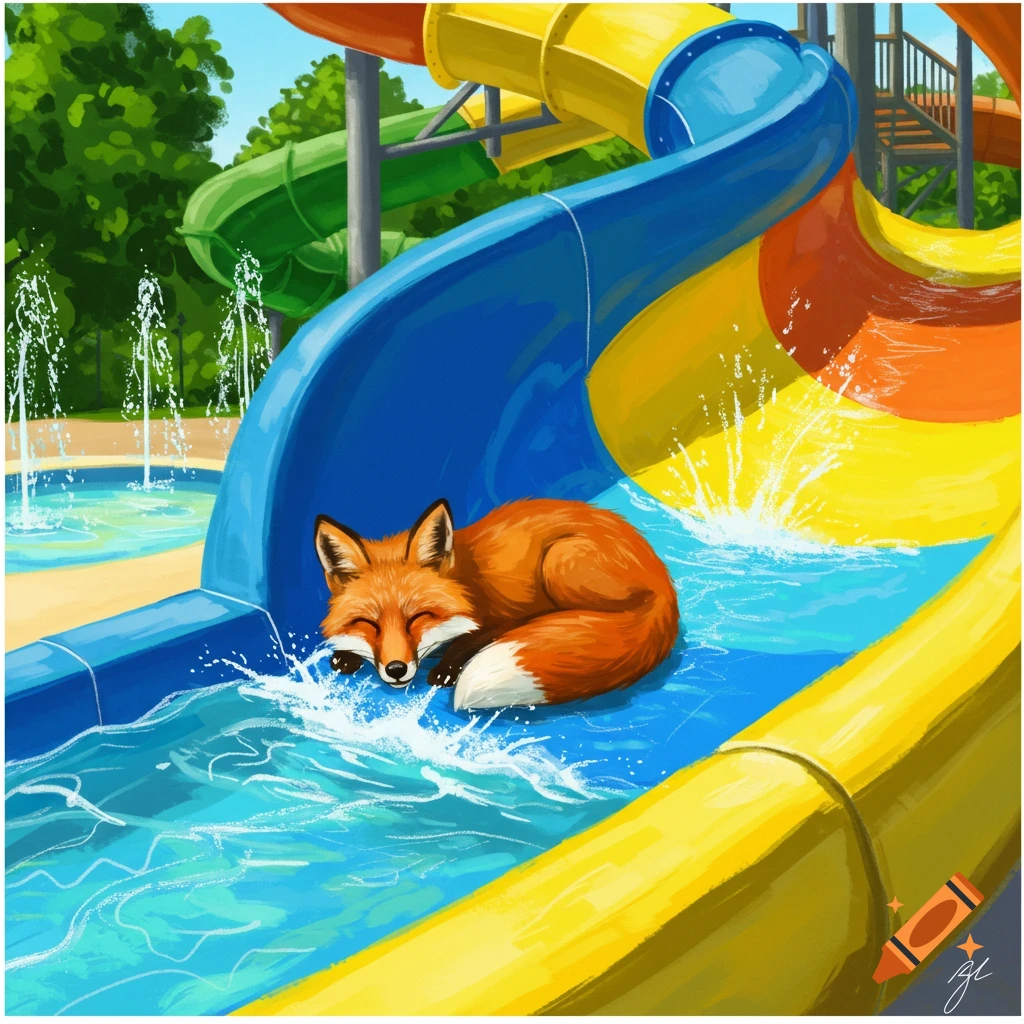 An illustrated red fox sleeping on a blue, yellow, and orange water slide with splashing water at a water park.
