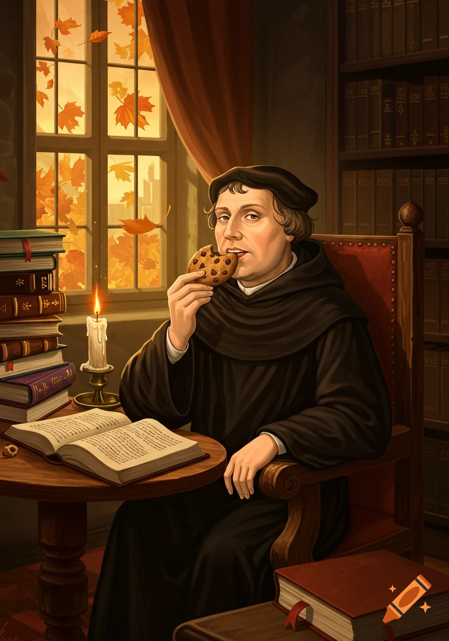 Martin Luther, in a monk's habit, sits at a desk eating a cookie in an autumnal study with books and a lit candle. Illustration.
