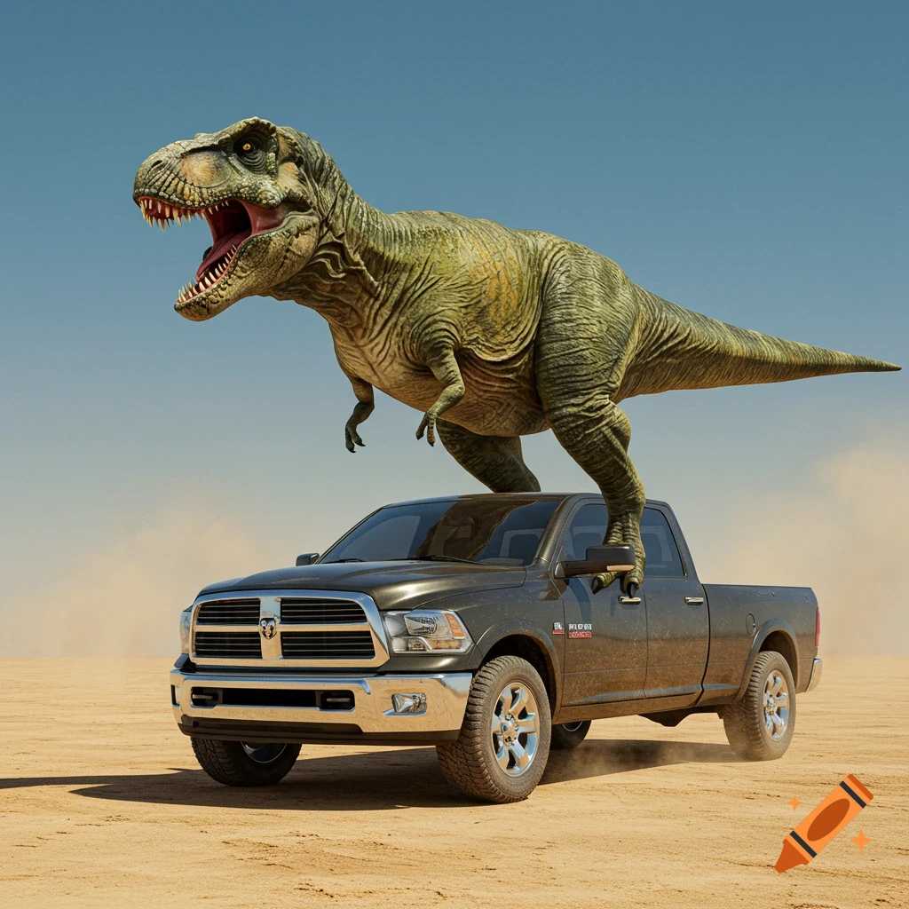 Photorealistic T-Rex standing on a dark grey Dodge RAM pickup truck in a sandy desert under a blue sky.