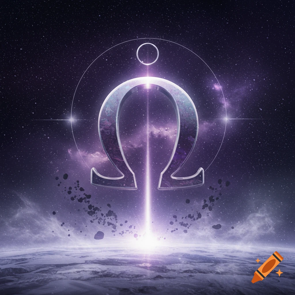 A shiny metallic Omega symbol glows purple, hovering above a planet with asteroids in deep space.
