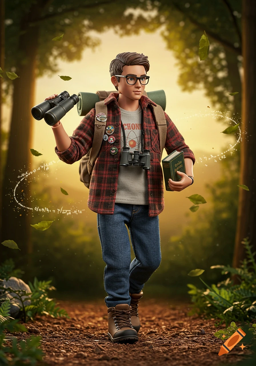 A photorealistic action figure of a nerdy, outdoorsy male student with binoculars and a book, walking on a forest trail.