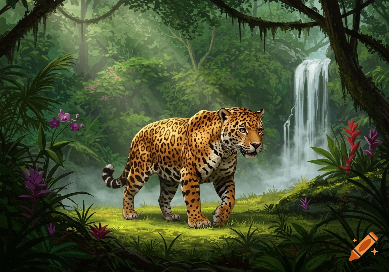 A vibrant illustration of a jaguar walking through a lush green jungle, with a waterfall and tropical plants in the background.