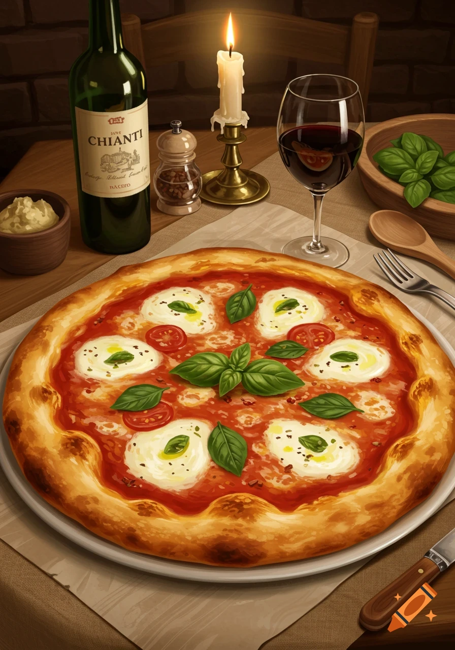 Stylized illustration of a Margherita pizza, Chianti wine bottle, lit candle, and a glass of red wine on a table.