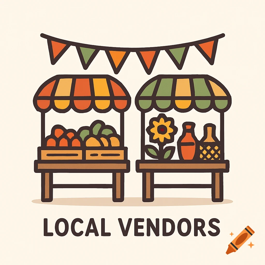 An illustration of two market stalls with fruits, flowers, and pottery under a banner, with the text LOCAL VENDORS.