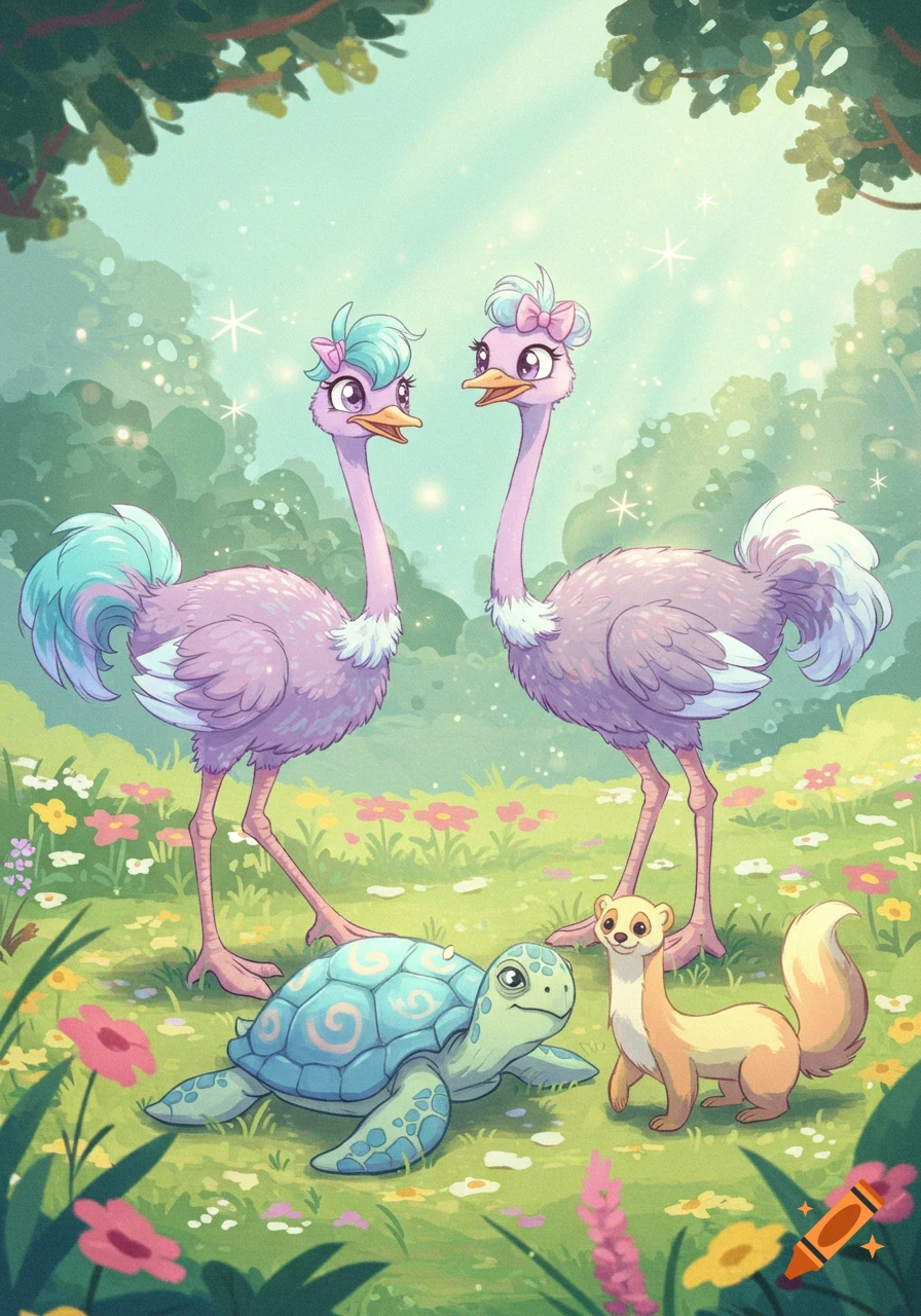 Two cartoon ostriches, a sea turtle, and a weasel in a lush, sparkling garden, in My Little Pony style.
