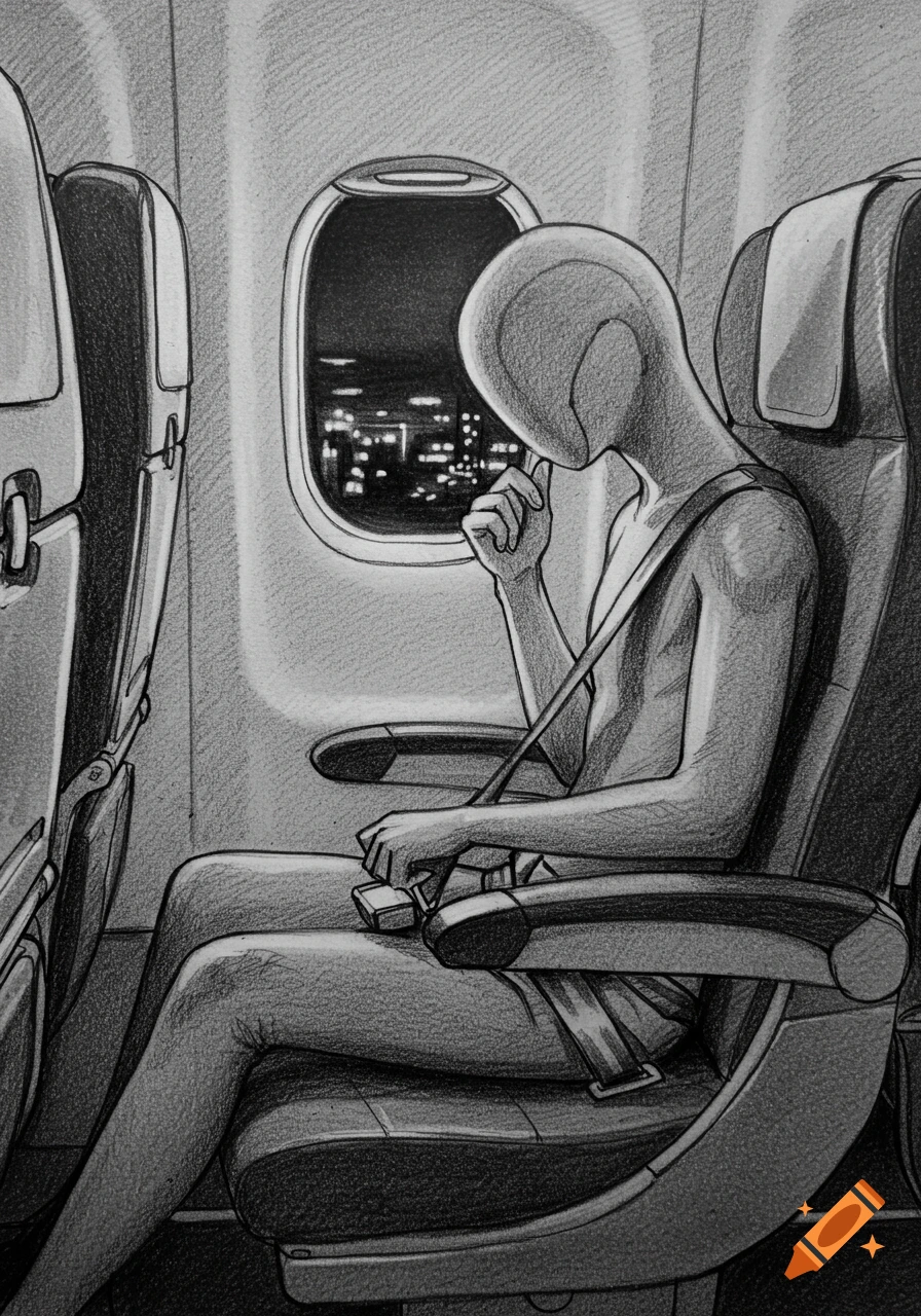 Pencil drawing of a stylized figure with a seatbelt looking out an airplane window at city lights at night.