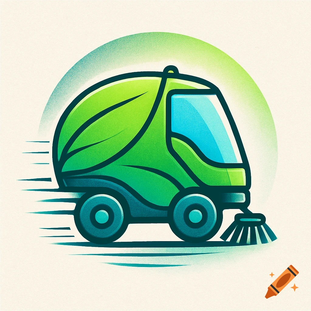 Stylized green logo of a leaf-themed street cleaner moving rapidly against a light background.