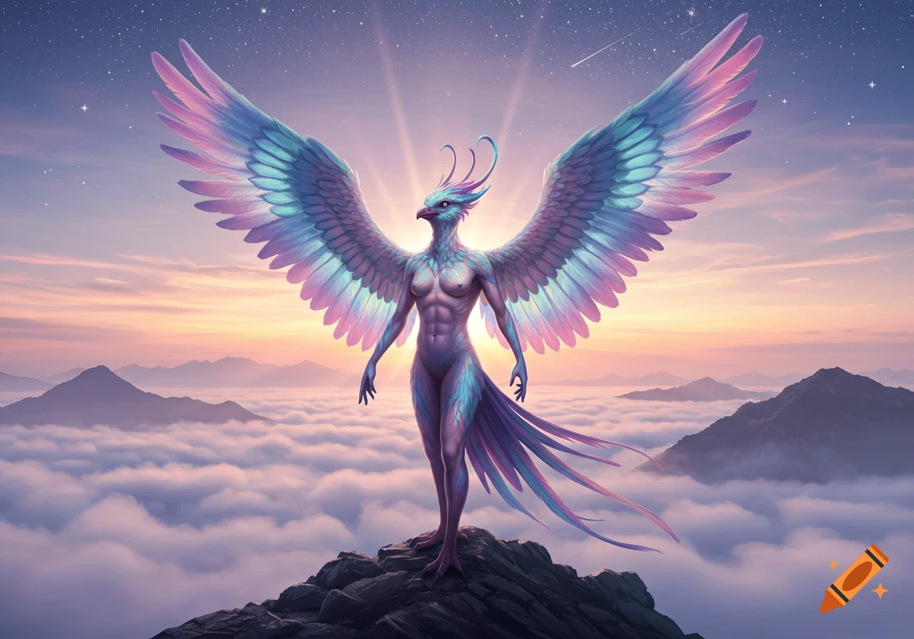 A vibrant, winged, bird-human creature stands majestically on a rocky mountain above clouds, bathed in sunset light.