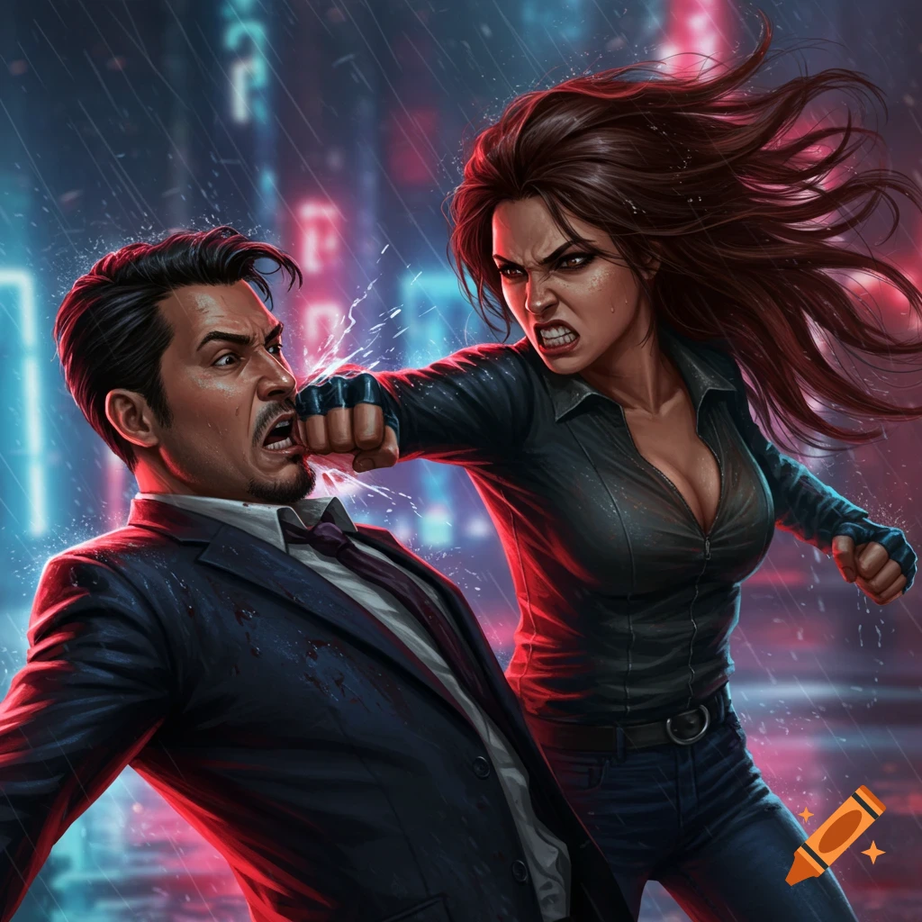 An angry brunette woman punches a man with a goatee in the face on a rainy, neon-lit city street, digital art.