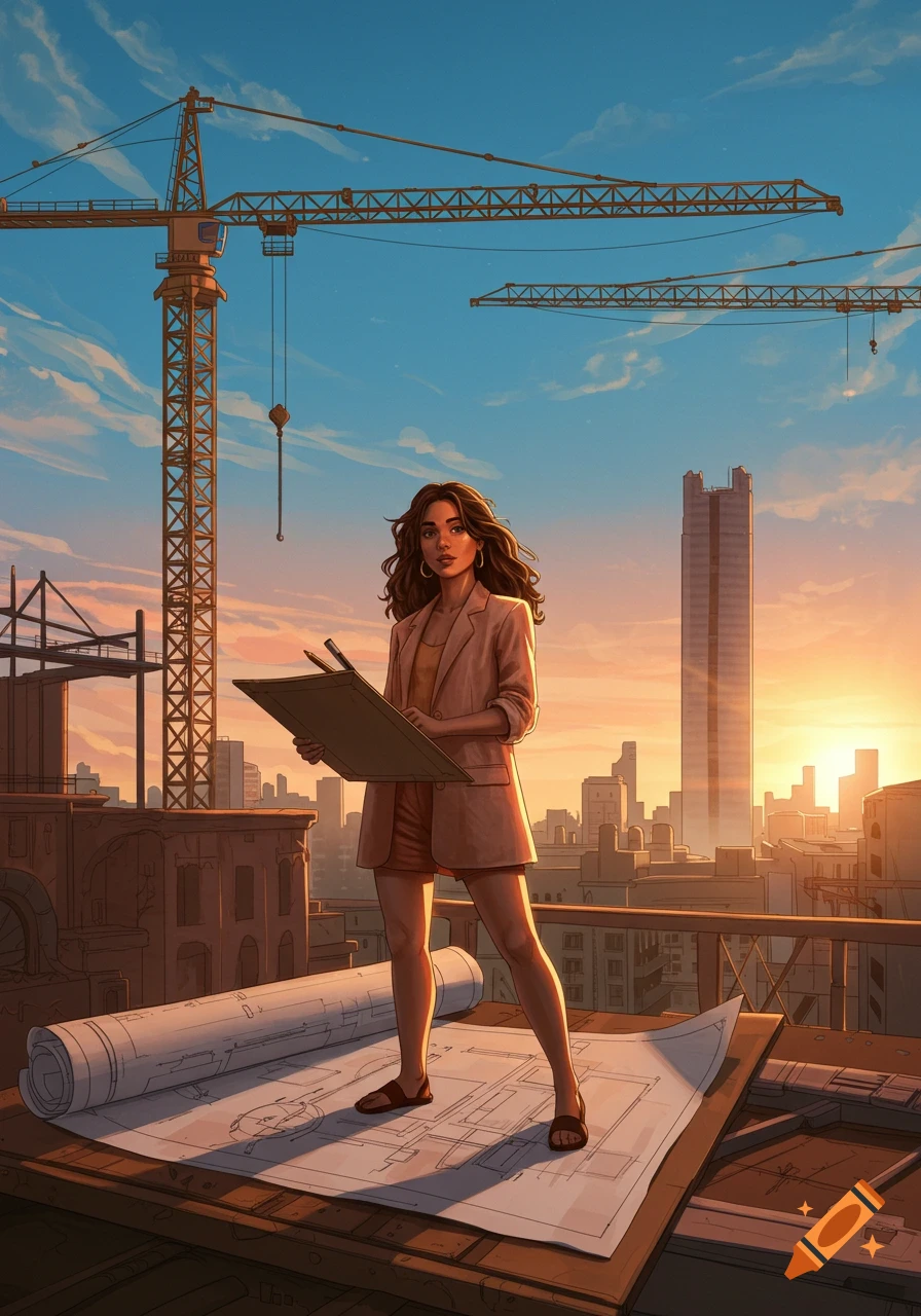 An illustrated female architect stands on a rooftop with blueprints, overlooking a city skyline with cranes at sunset.