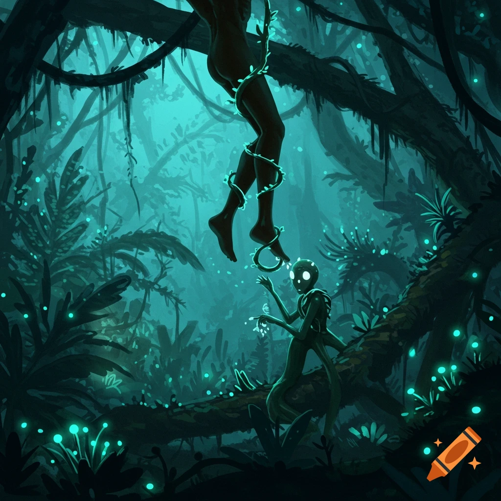 A humanoid figure's legs hang suspended by glowing vines in a dark, teal-lit jungle, while a small, glowing-eyed creature touches its foot.