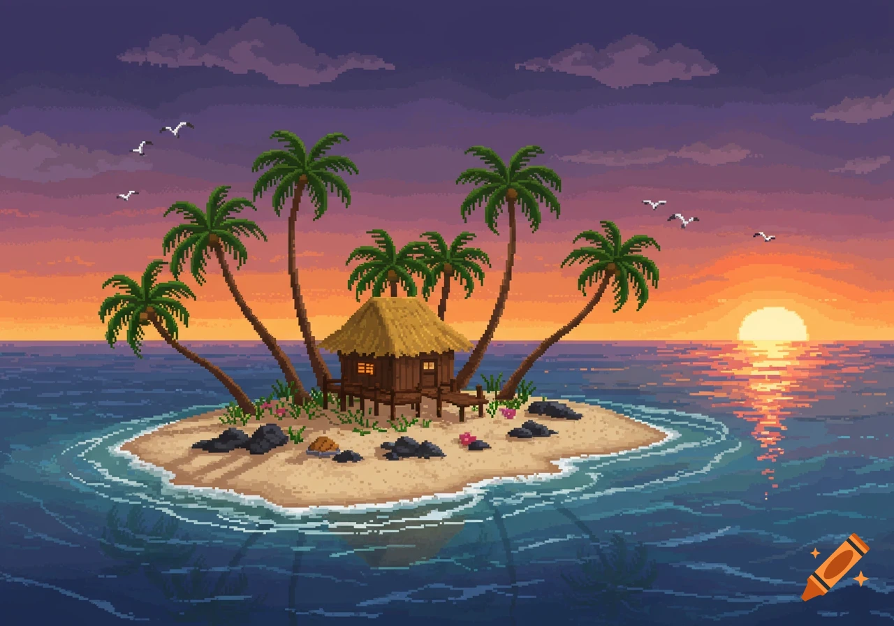 Pixel art of a tropical island with a thatched hut, palm trees, and rocks, at sunset with sun reflecting on the ocean.