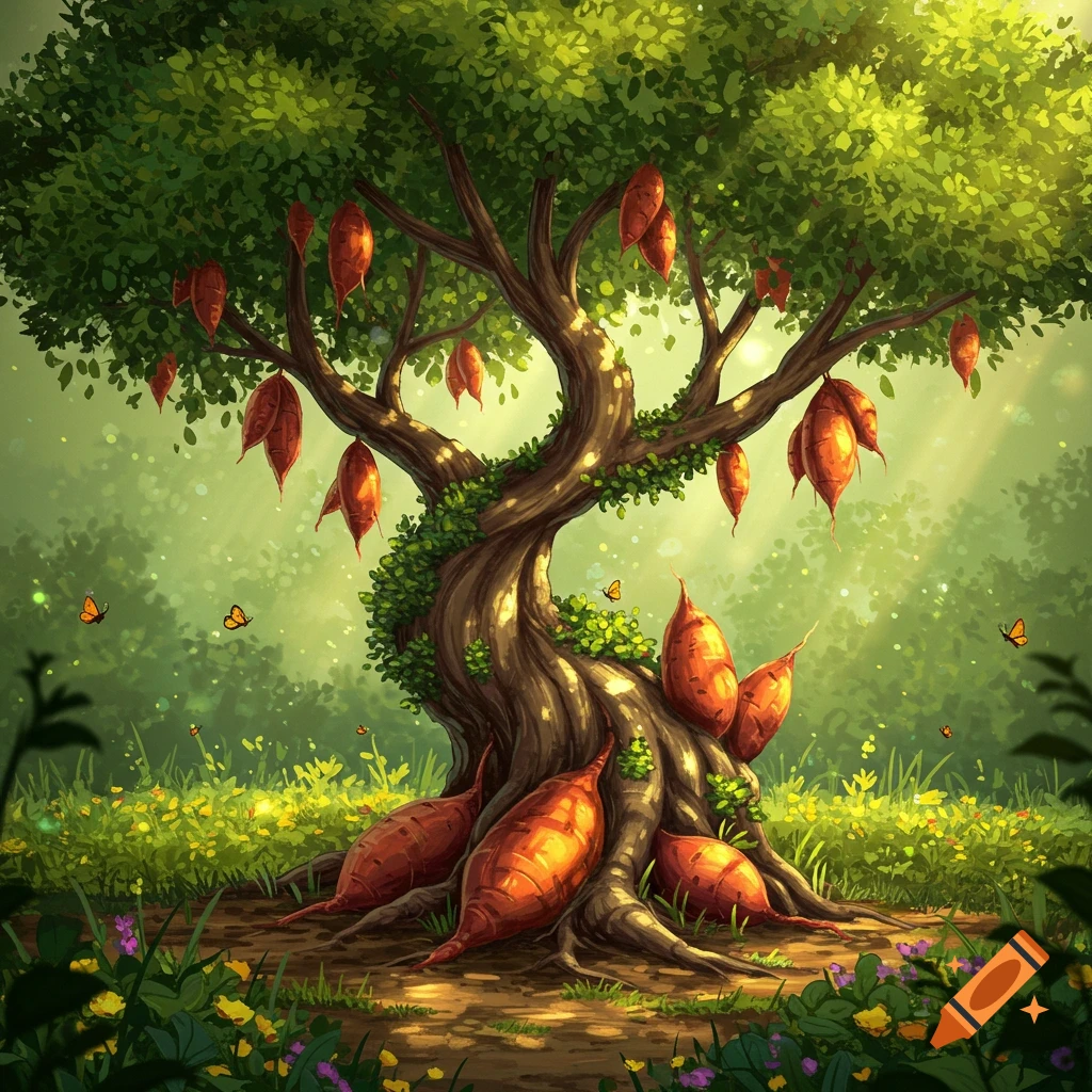 A fantastical tree with sweet potato-like fruits on its branches and roots in a lush, sunlit forest, digital art.