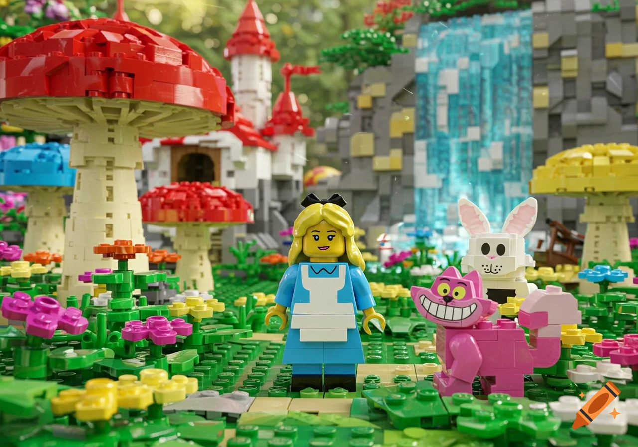 Lego minifigure of Alice with the Cheshire Cat and White Rabbit in a colorful Alice in Wonderland scene with mushroom houses and a waterfall.